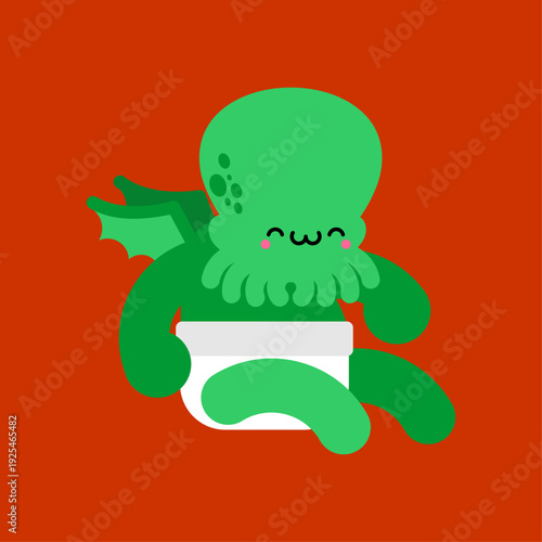 Cute baby Cthulhu monster character wearing a white diaper and sitting. Funny infant sea creature illustration for fantasy and myth concepts. Flat vector isolated on red background.