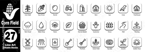 Corn field line icons set. Agriculture farming and plant growth vector illustration.