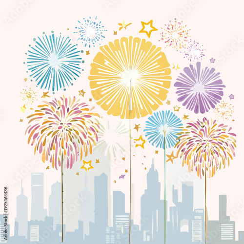 Colorful fireworks display over city skyline illustration