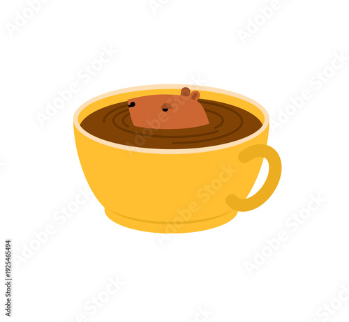 Cute capybara relaxing in a yellow coffee cup filled with dark liquid. Funny morning coffee and spa concept. Flat vector illustration isolated on white background.