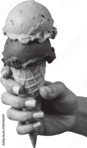 Halftone Hand Holding Ice Cream Cone, Black and White Pop Art Food Illustration