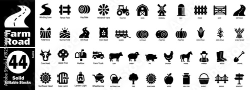 Set of 44 solid vector icons representing farm road and rural elements vector illustration.