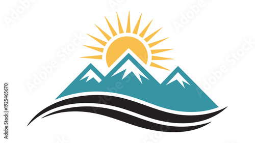 Minimalist mountain landscape with sunrise and waves vector illustration