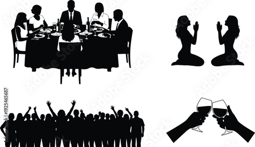 People activity silhouette icon set, dining prayer celebration crowd and toast scenes, social lifestyle concepts, vector illustration isolated on white background