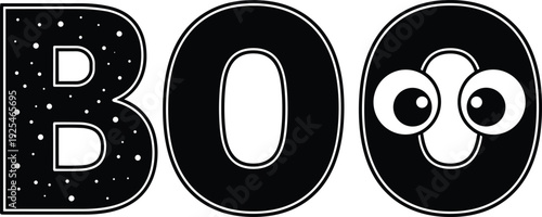 Minimalist, Halloween, boo, text, design, with, starry, texture, black, letters, googly, eye, illustration, modern, typography, white, background, spooky, holiday, graphic.