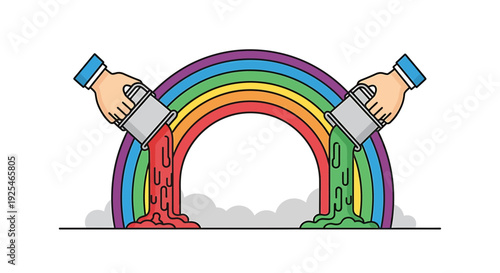 Hands Painting Rainbow with Spray Cans.