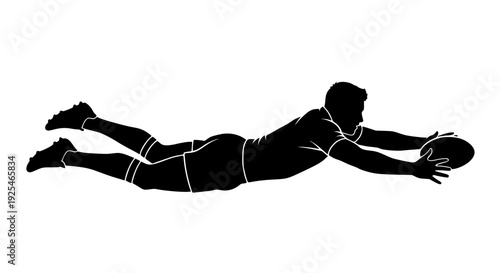 Black silhouette graphic depicting a dynamic rugby player diving horizontally across the pitch to score a crucial winning try in a competitive match