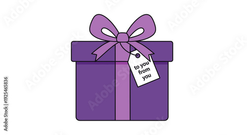 Purple Gift Box with Bow and Tag.