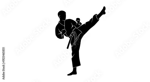 Dynamic black silhouette illustration of a person practicing powerful martial arts, executing a high side kick in a traditional uniform, demonstrating discipline, combat skills, training, strength, an