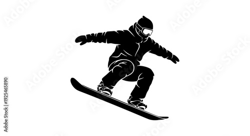 Dynamic black silhouette illustration of an athletic professional snowboarder riding a board, performing an exciting trick or jump, showcasing winter extreme sports action, skill, adventure, and exhil