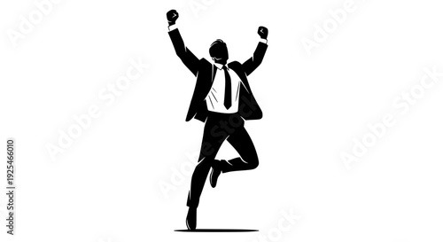 A triumphant businessman in a suit jumps with arms raised in a celebratory gesture, symbolizing great success, achievement, victory, and overcoming challenges in a corporate.