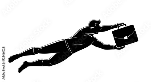 Stylized silhouette of a muscular businessman or superhero figure diving forward in mid-air while expertly clutching a professional leather briefcase