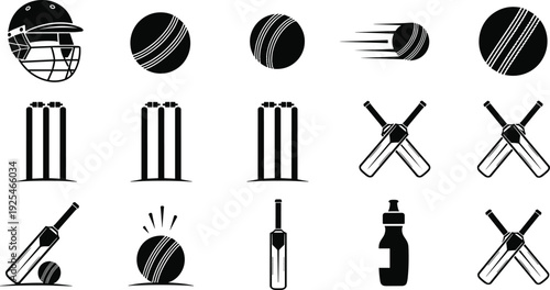 Cricket Equipment and Game Elements Icon Set - Minimalist Black Vector Silhouettes