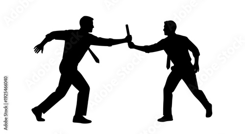 Two determined business professional silhouettes engaging in a dynamic relay race, passing a crucial baton symbolising teamwork, seamless collaboration, successful project handover, partnership, 