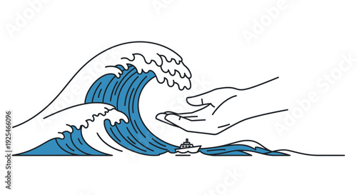 Hand Touching Ocean Wave Illustration Artwork.