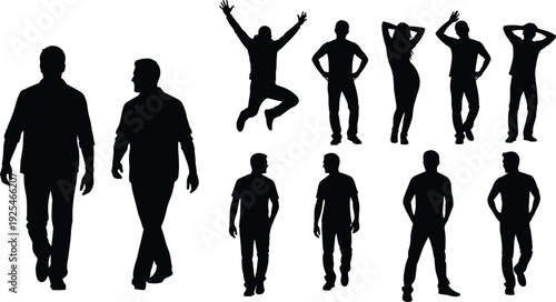 People silhouettes collection, men and women walking standing and jumping poses, black human figures set for lifestyle, vector design