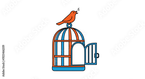 Bird perched on open birdcage illustration.