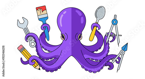 Purple Octopus with Artistic Tools Surrounding.