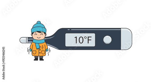 Cartoon Character Holding Digital Thermometer Showing Temperature.