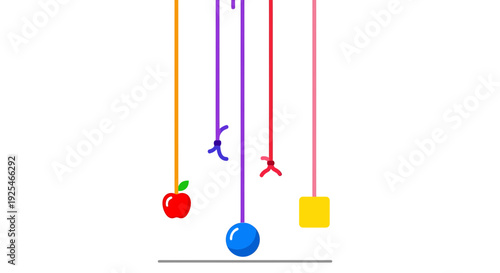 Colorful Objects Hanging from Strings Newton Cradle.