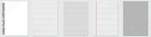 Square and lined paper sheets of notebook or white page or graph page. Collection of various white papers for your text and art. Vector illustration.