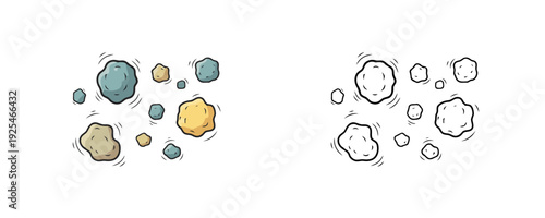 View of pollen and dust particles of varying sizes, presented in color and outline styles, depicting allergens on a white background