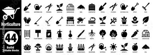 Horticulture solid icons set. Editable stock graphics for gardening vector illustration.