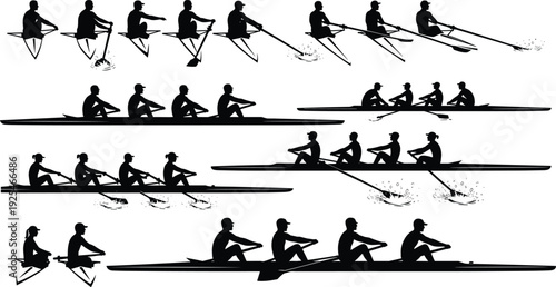 Rowing team silhouettes collection, single and crew rowers in motion, competitive water sport illustration design elements isolated on white background