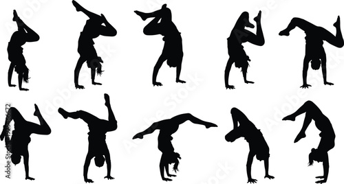 Set of ten minimalist black silhouettes showing acrobatic people in upside-down poses, handstands, and dynamic gymnastics maneuvers, white background vector, 2026.