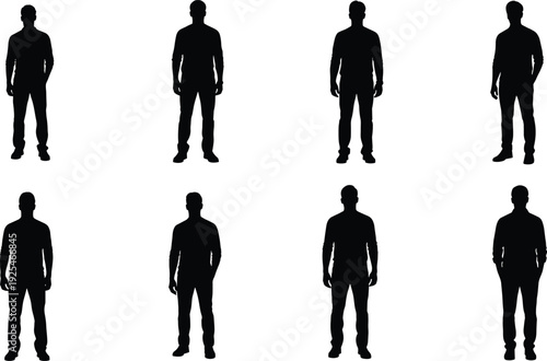 Standing male silhouettes collection, neutral human body poses, black men figures set for character design, presentation, infographic, vector design