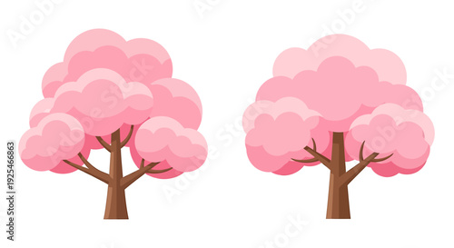 Two beautiful pink cherry blossom trees in full bloom isolated on a white background perfect for spring designs. Vector Illustrations. EPS Editable