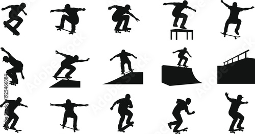 Skateboarder silhouettes collection, street skateboarding trick poses, black urban sport action figures set for youth, vector design