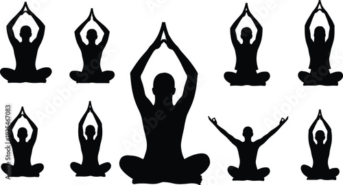 Yoga meditation silhouettes collection, lotus pose mindfulness figures, black spiritual human icons set for wellness, relaxation, fitness, vector design