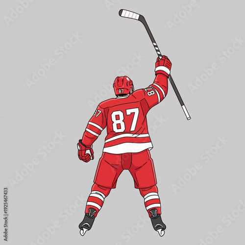 Hockey Player 87 Celebrates Victory Raising Stick in Red Uniform