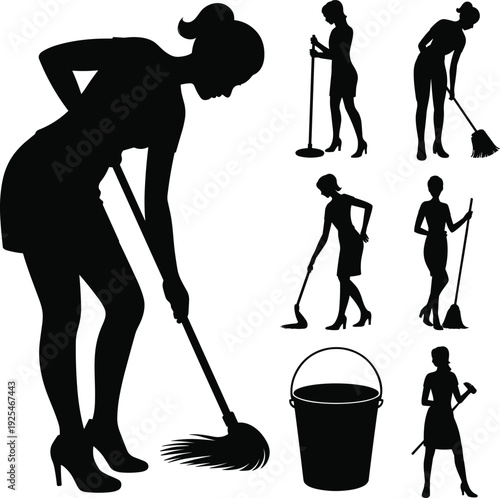 Large collection of black silhouettes featuring women cleaning floors with mops and brooms including a bucket isolated on white background for housekeeping and service