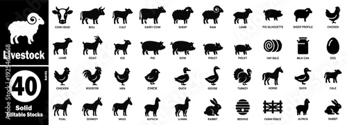 Livestock solid icons set. Solid editable stock of farm animals vector illustration.