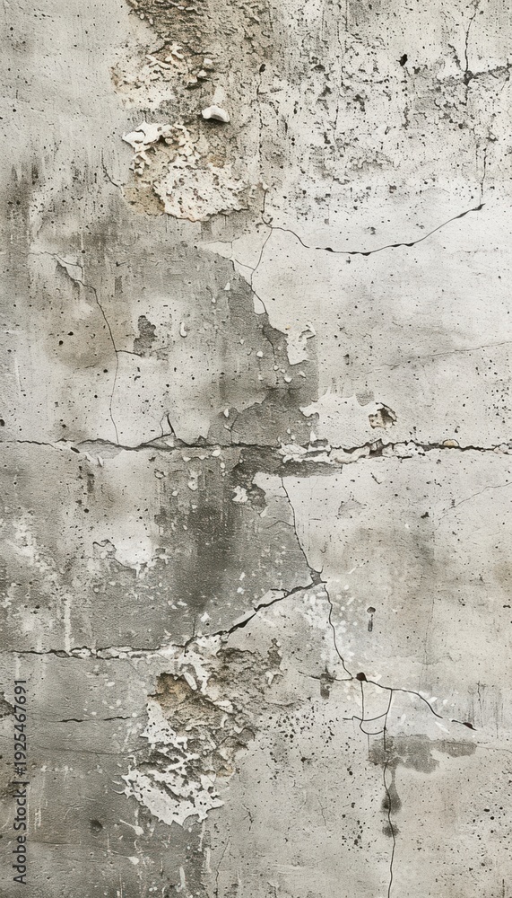 Obraz premium Textured gray concrete wall with prominent cracks and peeling plaster showing aging and decay