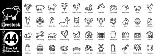 Livestock line art icons set. Line art editable stock of farm animals vector illustration.