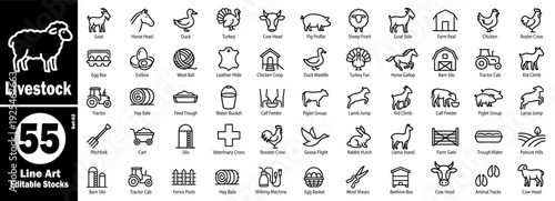 Farm animals and equipment line art icons set for agriculture vector illustration.