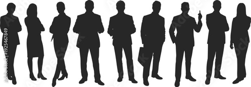Large collection of black silhouettes featuring professional business men and women standing in confident poses isolated on white background for corporate team and office