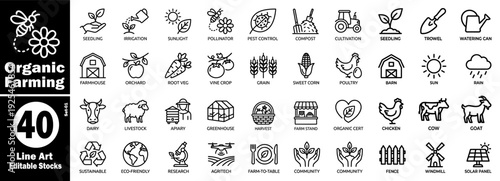 Organic farming line art icons set. Agriculture and gardening vector illustration.