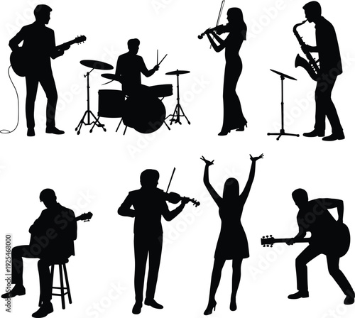 Large collection of black silhouettes featuring musical band members playing instruments including drums saxophone violin and guitar isolated on white background for concert posters