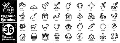 Sustainable farming and ecology line icons. Agricultural design vector illustration.