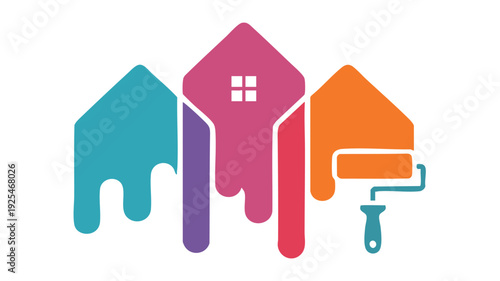 Colorful flat design houses with paint roller and bucket - home renovation and real estate vector icons