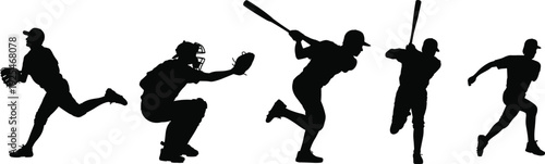 Large collection of black silhouettes featuring baseball players in various active poses including pitcher catcher and batter isolated on white background for sports design
