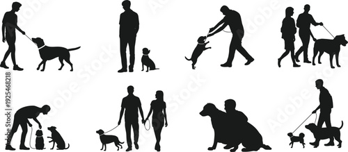 Large collection of black silhouettes featuring men women and couples walking playing and training their dogs isolated on white background for pet care concepts