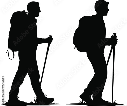 Black silhouettes of two male hikers with backpacks and trekking poles walking on grass isolated on white background for outdoor adventure and travel concepts