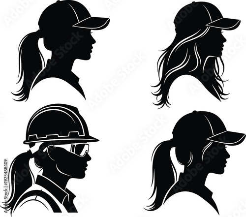 Black and white silhouette set of female workers wearing baseball caps and hard hat with safety goggles for industrial jobs