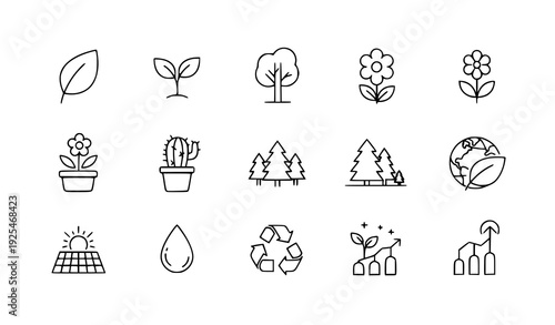 A set of eco-friendly icons and illustrations in a minimalist line art style