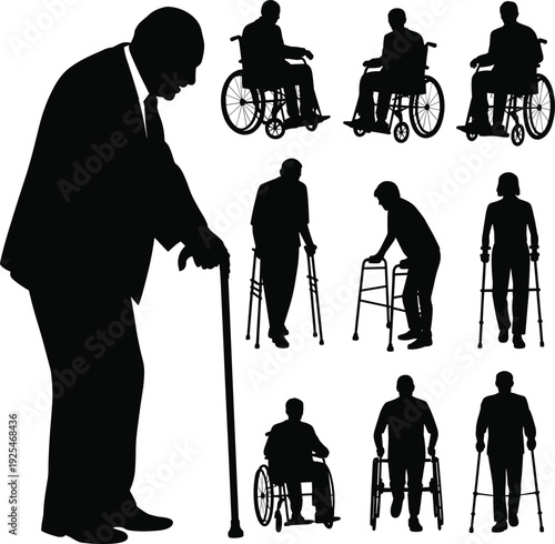 Large collection of black silhouettes featuring elderly and disabled people using wheelchairs walkers and walking canes isolated on white background for healthcare and assistance